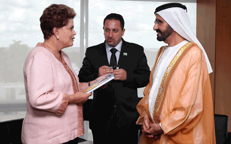 Sheikh Mohammed bin Rashid Al Maktoum talks with President Dilma Rousseff of Brazil. (Wam)