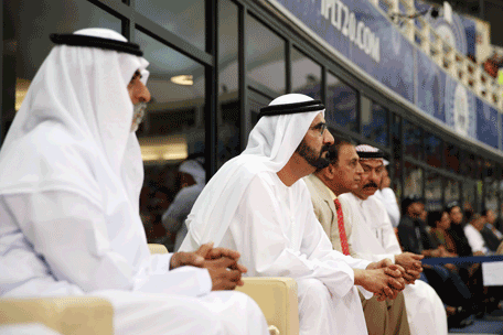 His Highness Sheikh Mohammed bin Rashid Al Maktoum witnesses part of the 2014 Indian Premier League (IPL) cricket match between Mumbai Indians and Sunrisers Hyderabad, the last match of the UAE leg of the season, in Dubai on Wednesday. (Pictures courtesy Dubai Government Media Office)