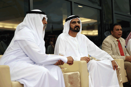 His Highness Sheikh Mohammed bin Rashid Al Maktoum witnesses part of the 2014 Indian Premier League (IPL) cricket match between Mumbai Indians and Sunrisers Hyderabad, the last match of the UAE leg of the season, in Dubai on Wednesday. (Pictures courtesy Dubai Government Media Office)
