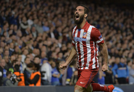 Atletico Madrid's Arda Turan celebrates after scoring a goal against Chelsea during their Champion's League semi-final second leg soccer match at Stamford Bridge in London April 30, 2014. (REUTERS)