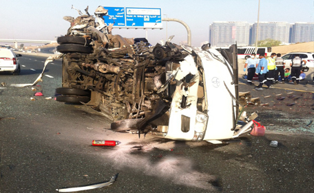 The mangled bus after an accident in Dubai on May 10. The bus, which was carrying 29 workers, collided with a truck killing 15 them. (SUPPLIED)