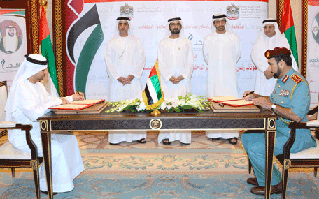 His Highness Sheikh Mohammed bin Rashid Al Maktoum attends signing of Memorandum of Understanding (MoU) at Presidential Palace, between the court of Deputy Prime Minister, Minister of Interior and the Ministry of Education, to boost the objectives of the Khalifa Student Empowerment Programme (Wam)