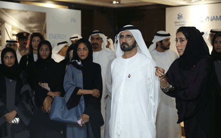 Sheikh Mohammed bin Rashid Al Maktoum being briefed on the 'Dubai Speaks to You' project by Mona Al Marri. (Wam)