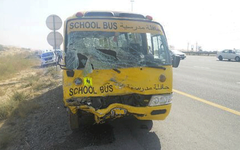 The school bus involved in the accident on Sheikh Mohammed bin Zayed Road in Dubai.