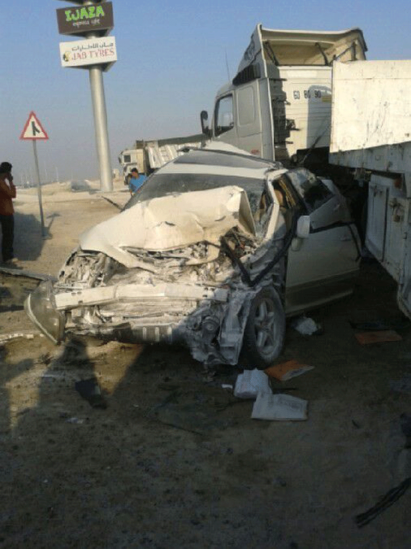 The car which collided with the truck on Sheikh Mohammed bin Zayed Road in Dubai.