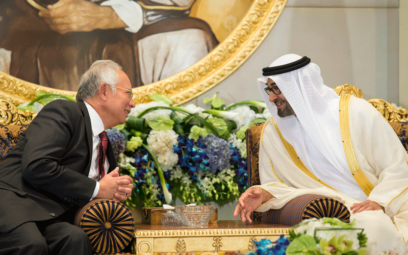 General Sheikh Mohamed bin Zayed Al Nahyan, Crown Prince of Abu Dhabi and Deputy Supreme Commander of the UAE Armed Forces, with Prime Minister of Malaysia Mohammad Najib Tun Haji Abdul Razak in Abu Dhabi on Sunday. (Wam)