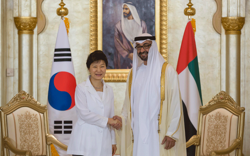 General Sheikh Mohamed bin Zayed Al Nahyan, Crown Prince of Abu Dhabi and Deputy Supreme Commander of the UAE Armed Forces, with South Korean President Park Geun-hye at Emirates Palace in Abu Dhabi on Tuesday. (Wam)