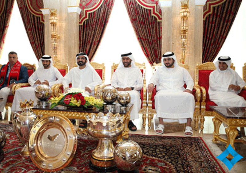 Sheikh Mohammed bin Rashid receiving Al Ahli football team in Dubai on Tuesday. (Picture courtesy GDMO)