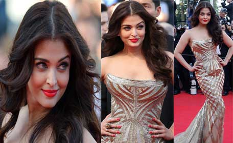 Aishwarya Rai Bachchan poses on the red carpet for the screening of 'Two Days, One Night' (Deux jours, une nuit) at the 67th international film festival, Cannes, southern France, Tuesday, May 20, 2014. (AFP)