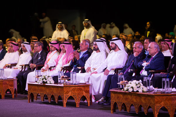 His Highness Sheikh Mohammed bin Rashid Al Maktoum attends Arab Media Forum in Dubai on Wednesday. Also seen is Sheikh Maktoum bin Mohammed bin Rashid Al Maktoum. (Photo by Ahmad Ardity of Emarat Al Youm)