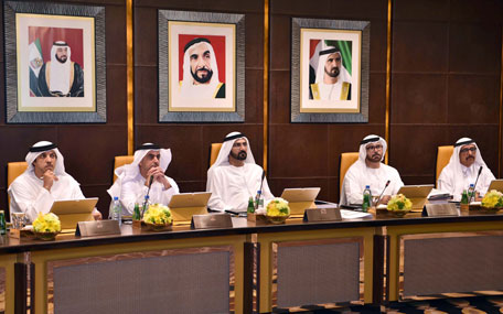 His Highness Sheikh Mohammed bin Rashid Al Maktoum, Vice-President and Prime Minister of the UAE and Ruler of Dubai, chairing the Cabinet meeting at the Presidential Palace in Abu Dhab on Monday. (Wam)