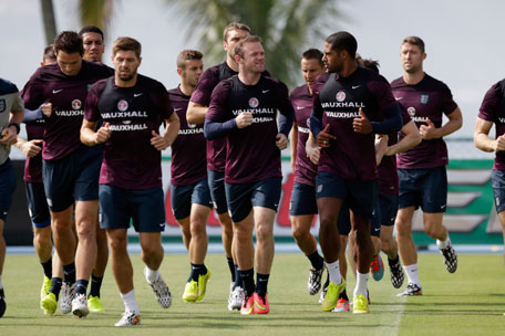 England national soccer team players take part in a squad training session for the 2014 World Cup at the Urca military base in Rio de Janeiro, Brazil, Wednesday, June 11, 2014. (AP)