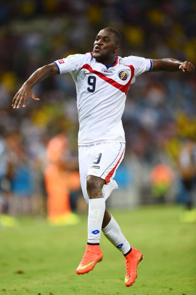 Joel Campbell of Costa Rica celebrates after defeating Uruguay 3-1 during the 2014 FIFA World Cup Brazil Group D match between Uruguay and Costa Rica at Castelao on June 14, 2014 in Fortaleza, Brazil. (GETTY)