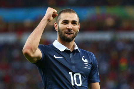 Karim Benzema of France celebrates after scoring his team's third goal during the 2014 FIFA World Cup Brazil Group E match between France and Honduras at Estadio Beira-Rio on June 15, 2014 in Porto Alegre, Brazil. (GETTY)