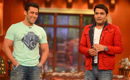 Actor Salman Khan in the sets of 'Comedy Nights with Kapil' to promote his film 'Jai Ho'. The film's director Sohail Khan and actress Daisy Shah also accompanied the Bollywood actor. (AFP)