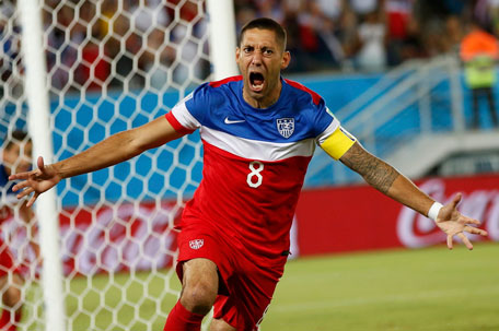Clint Dempsey of the US celebrates after scoring their first goal during their 2014 World Cup Group G soccer match against Ghana at the Dunas arena in Natal June 16, 2014. (REUTERS)