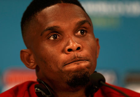Cameroon's Samuel Samuel Eto'o gestures during a news conference before a team training at Arena da Amazonia stadium in Manaus, June 17, 2014.  (REUTERS)