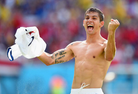 Cristian Gamboa of Costa Rica celebrates after defeating Italy 1-0 during the 2014 FIFA World Cup Brazil Group D match between Italy and Costa Rica at Arena Pernambuco on June 20, 2014 in Recife, Brazil. (GETTY)