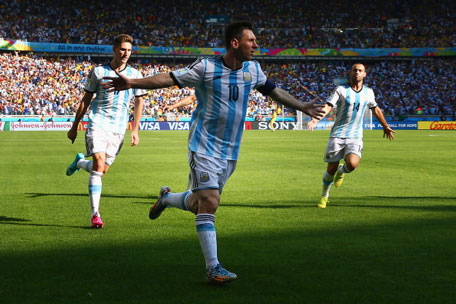 Lionel Messi of Argentina celebrates scoring his team's first goal during the 2014 FIFA World Cup Brazil Group F match at Estadio Mineirao on June 21, 2014 in Belo Horizonte, Brazil. (GETTY)