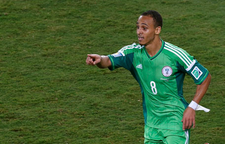 Nigeria's Peter Odemwingie celebrates after scoring a goal during the 2014 World Cup Group F match between Nigeria and Bosnia at the Pantanal arena in Cuiaba June 21, 2014. (REUTERS)