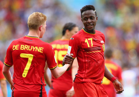 Divock Origi (right) of Belgium celebrates scoring his team's first goal with Kevin De Bruyne during the 2014 FIFA World Cup Brazil Group H match at Maracana on June 22, 2014 in Rio de Janeiro, Brazil. (GETTY)