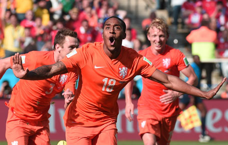 Netherlands' midfielder Leroy Fer celebrates scoring with his teammates during the Group B football match between Netherlands and Chile at the Corinthians Arena in Sao Paulo during the 2014 FIFA World Cup on June 23, 2014. (AFP)