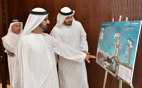 Sheikh Mohammed bin Rashid Al Maktoum being briefed on the details of the fifth phase of the Jumeirah Beach Hotel expansion plan which is set for completion in 2018. (Wam)