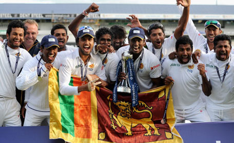 Sri Lanka celebrate winning the 2nd Test match between England and Sri Lanka at Headingley Cricket Ground on June 24, 2014 in Leeds, England. (GETTY)