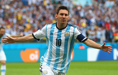Lionel Messi of Argentina celebrates scoring his team's first goal during the 2014 FIFA World Cup Brazil Group F match between Nigeria and Argentina at Estadio Beira-Rio on June 25, 2014 in Porto Alegre, Brazil. (GETTY)