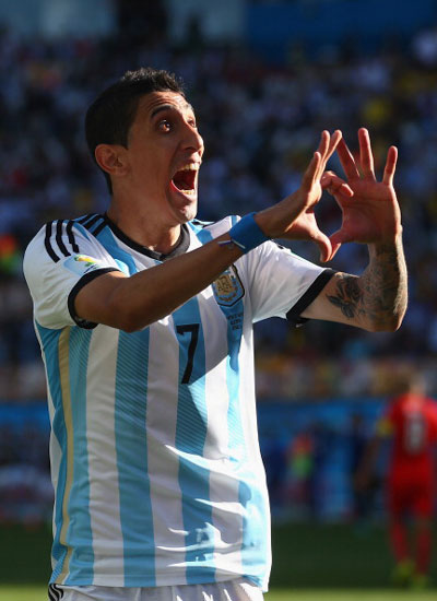 Angel di Maria of Argentina celebrates scoring his team's first goal in extra time during the 2014 FIFA World Cup Brazil Round of 16 match between Argentina and Switzerland at Arena de Sao Paulo on July 1, 2014 in Sao Paulo, Brazil. (GETTY)
