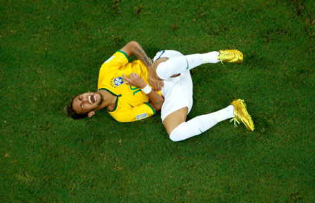 Neymar of Brazil reacts during the 2014 FIFA World Cup Brazil Quarter Final match between Brazil and Colombia at Castelao on July 4, 2014 in Fortaleza, Brazil. (GETTY)