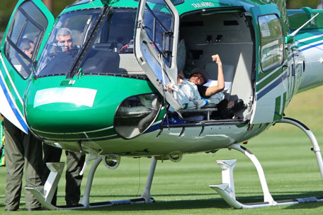 In this handout, Brazil's Neymar is seen inside a medical helicopter at the Granja Comary training center, on July 05, 2014 in Teresopolis, Brazil. (GETTY)