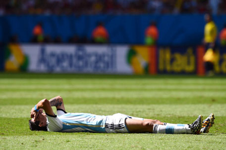 Angel di Maria of Argentina reacts during the 2014 FIFA World Cup Brazil Quarter Final match between Argentina and Belgium at Estadio Nacional on July 5, 2014 in Brasilia, Brazil. (GETTY)