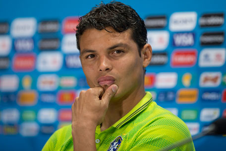 Brazil's Thiago Silva looks on during a news conference, the day before the World Cup semifinal soccer match between Brazil and Germany, at the Mineirao Stadium in Belo Horizonte, Brazil, Monday, July 7, 2014. (AP)