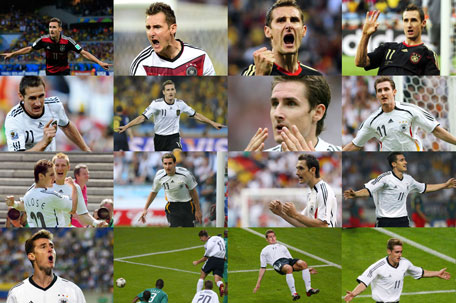 A combination of pictures of goals shows Germany's forward Miroslav Klose becoming the leading all time World Cup goal scorer after scoring in the semi-final of the 2014 FIFA World Cup against Brazil in Belo Horizonte on July 8, 2014. The pictures show from bottom (right to left) in ascending order the 5 goals scored from the 2002 World Cup, 5 goals from the 2006 World Cup, 4 goals from the 2010 World Cup and 2 in the 2014 World Cup. (AFP)