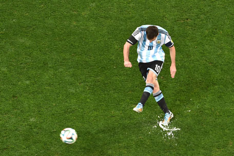 Lionel Messi of Argentina takes a free kick during the 2014 FIFA World Cup Brazil Semi Final match between the Netherlands and Argentina at Arena de Sao Paulo on July 9, 2014 in Sao Paulo, Brazil.  (GETTY)