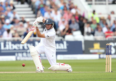 Gary Ballance of England drives the ball for a boundary during day three of the 1st Investec Test between England and India at Trent Bridge on July 11, 2014 in Nottingham, England. (GETTY)