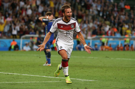 Mario Gotze of Germany celebrates after scoring during the 2014 World Cup final match between Germany and Argentina at The Maracana Stadium on July 13, 2014 in Rio de Janeiro, Brazil. (GETTY)