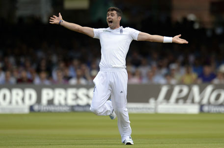 England's James Anderson appeals unsuccessfully for a LBW decision during the second Test against India at Lord's cricket ground in London July 17, 2014. (REUTERS)