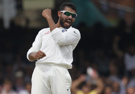 India’s Ravindra Jadeja celebrates taking the wicket of England’s Sam Robson during the fourth day of the second Test between England and India, at Lord's Cricket Ground in London, England on July 20, 2014.  (AFP)