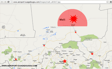 A screengrab of the homepage of the Ouagadougou airport's Internet site (http://www.aeroport-ouagadougou.com) shows a map displaying AH5017's last contact zone, July 24, 2014. A missing Air Algerie Airbus A320 plane lost contact en route from Burkina Faso to Algiers carrying 110 passengers, almost half of them French citizens, and 6 crew, an Algerian official said on Thursday.  (REUTERS)
