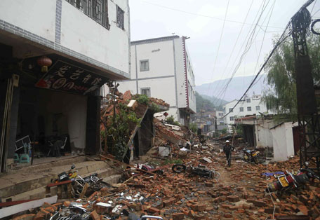 Debris of collapsed houses are seen scattered along a street, after a deadly earthquake hit Longtoushan town on Sunday, in Ludian county, Zhaotong, Yunnan province August 4, 2014. (REUTERS)