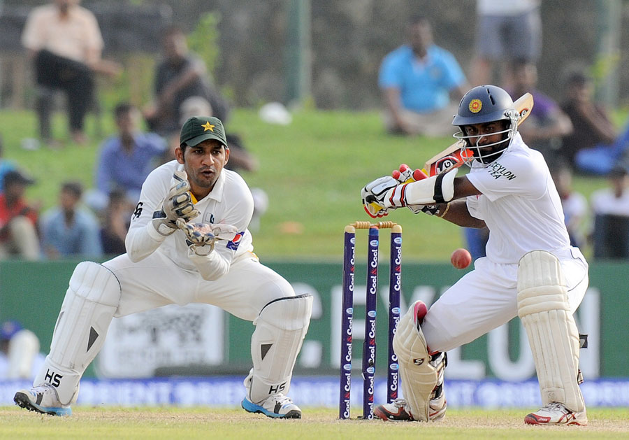 Sri Lanka opener Kaushal Silva playing a shot on day two of the 1st Test between Sri Lanka and Pakistan at Galle International Cricket Stadium on August 7, 2014. (AFP)