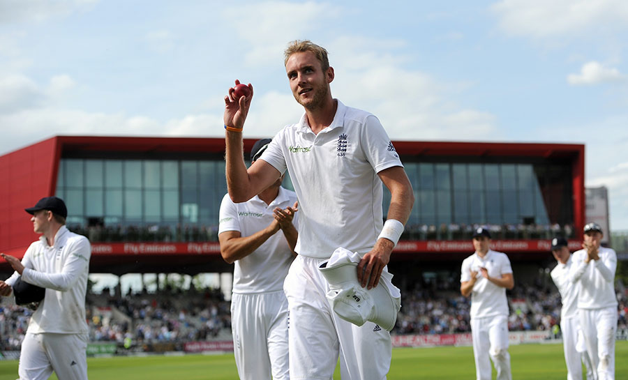 Stuart Broad leads the England team out after taking six wickets on day one of the 4th Test against India at Old Trafford on August 7, 2014. (GETTY)
