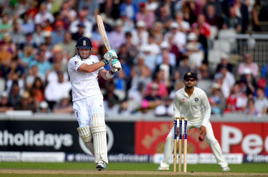England batsman Ian Bell pulls a ball to the boundary during day one of the 4th Investec Test match between England and India at Old Trafford on August 7, 2014 in Manchester, England. (GETTY)