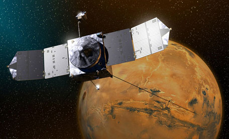 This image obtained September 22, 2014 shows an artist concept of NASA's Mars Atmosphere and Volatile EvolutioN (MAVEN) mission. MAVEN is part of NASA's Mars Scout program, funded by NASA Headquarters and managed by NASA's Goddard Space Flight Center in Greenbelt, Maryland. (AFP)
