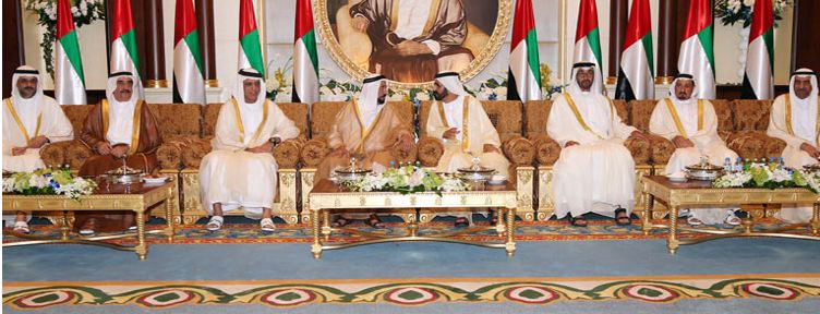 Sheikh Mohammed bin Rashid Al Maktoum and General Mohamed bin Zayed Al Nahyan received their Highnesses, the Rulers at Mushrif Palace. (Supplied)
