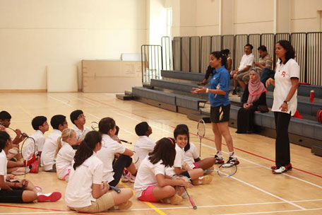 Sriyani Deepika and Rupa Mukherjee-Kapitzki addressing students of Badminton-Dubai. (SUPPLIED)