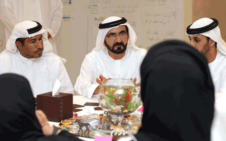 His Highness Sheikh Mohammed bin Rashid Al Maktoum, Vice-President and Prime Minister of the UAE and Ruler of Dubai, attending a brainstorming session organised by the Ministry of Environment and Water at the Mohammed bin Rashid Centre for Government Innovation in Dubai on Wednesday. (Wam)