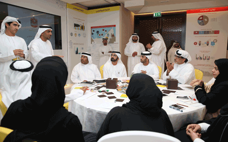 His Highness Sheikh Mohammed bin Rashid Al Maktoum, Vice-President and Prime Minister of the UAE and Ruler of Dubai, attending a brainstorming session organised by the Ministry of Environment and Water at the Mohammed bin Rashid Centre for Government Innovation in Dubai on Wednesday. (Wam)